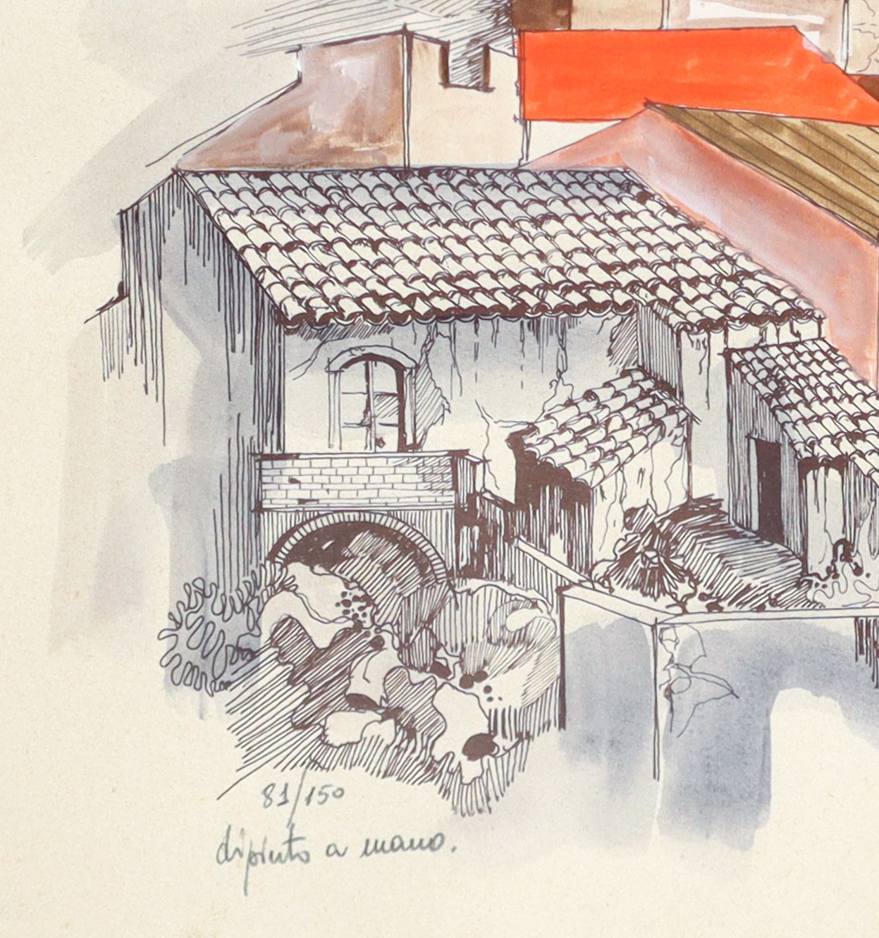 Scorcio di paese con Etna sullo sfondo, litografia dipinta a mano (1986)