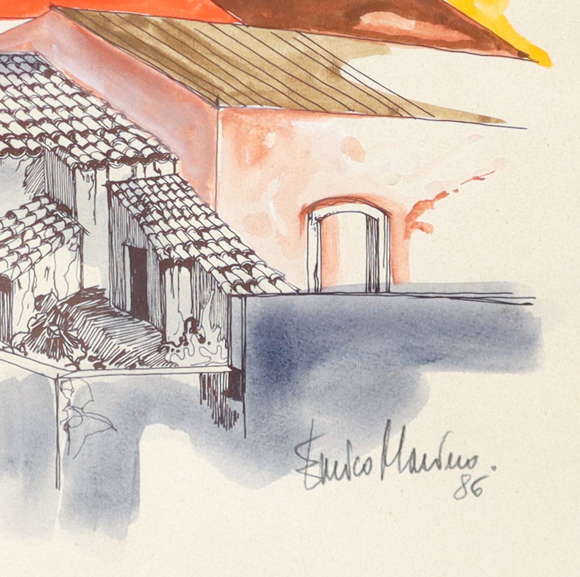 Scorcio di paese con Etna sullo sfondo, litografia dipinta a mano (1986)