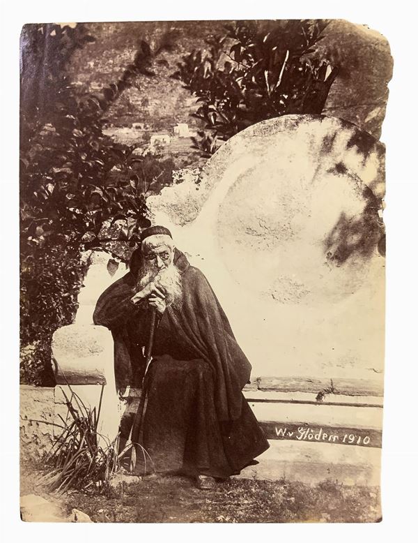 Wilhelm von Gloeden (1856-1931), albumin photos depicting monk with his habit. Signed and dated 1910 on the front and on the back numbered 179. Cm 17x22

"Wilhelm Von Gloeden was a German-born photographer who spent most of his life in Sicily, specifically in Taormina, a city that he chose as a second home. It was the youth health issues to take in the peninsula. Specifically, the choice of Taormina is linked dreamy ideal of Sicily that the photographer releases in his pictures through the cho