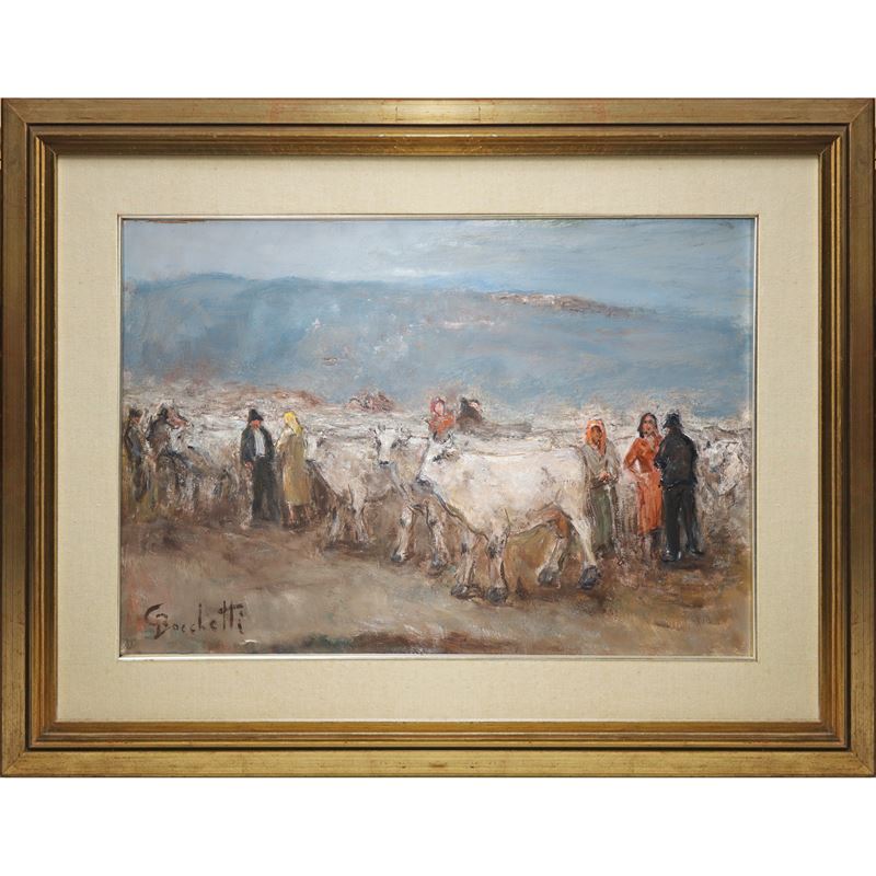 Gaetano Bocchetti - Mercato di mucche, olio su tela (XX secolo)