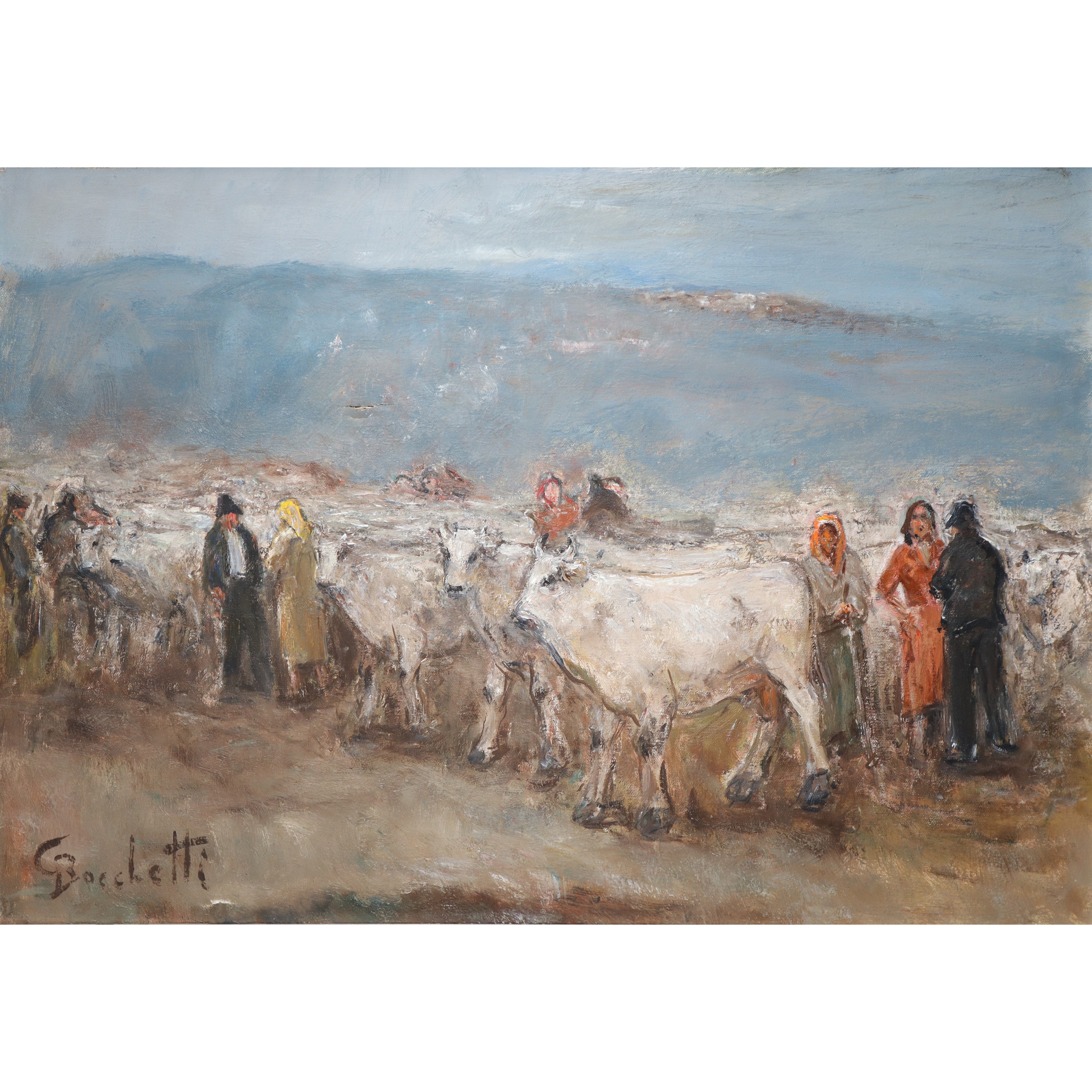 Gaetano Bocchetti - Mercato di mucche, olio su tela (XX secolo)