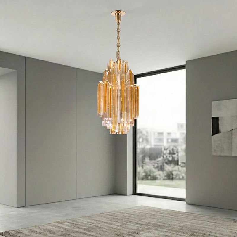 Lampadario in vetro di Murano Trilobo con poliedri trasparenti e arancioni