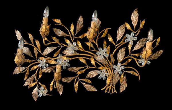 Five-light applique in golden metal and moose crystals with wooden candles, years & rsquo 50. H cm 60, width cm 99