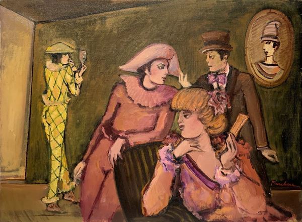 Oil painting on canvas depicting theatrical people of the comedy of art. Unreadable signature at the bottom right. Workforce work.
Cm ...