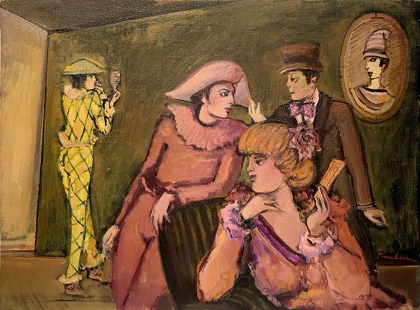 Dipinto ad olio su tela raffigurante personaggi teatrali della Commedia dellâ€™Arte. Firma illeggibile in basso a destra. Opera priva di cornice.
Cm ... 