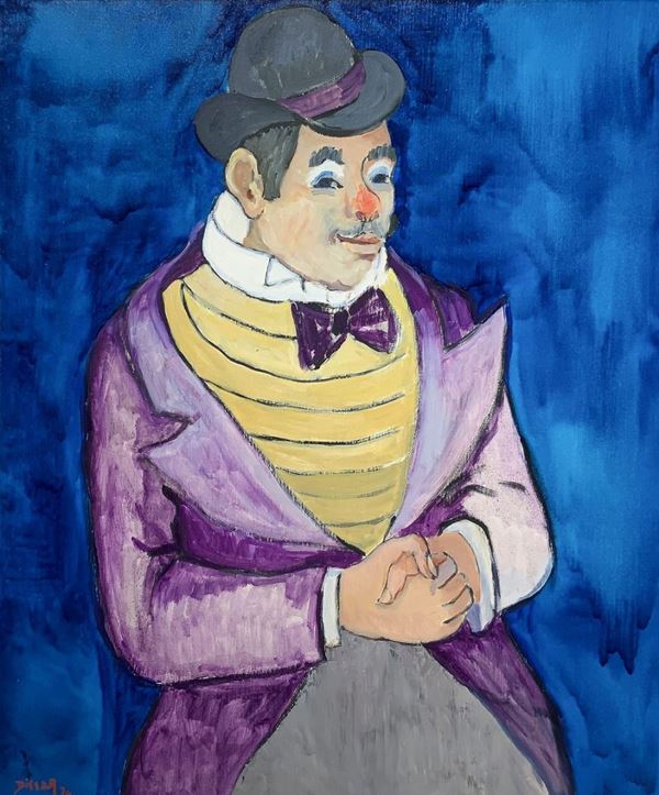 Max Dissar (1908-1993), dipinto ad olio su tela raffigurante "Clown". Firmato in basso a sinistra M. disegno disar e datato 1974. Sul retro "Ettore ... 