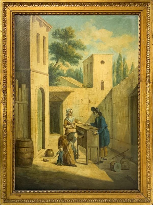 Dipinto ad olio su tela raffigurante Personaggi con la scatola magica ( cinetoscopio). Cm 100x73, in cornice cm 115 x 86
Cm 100x73, in cornice cm 115 ... 