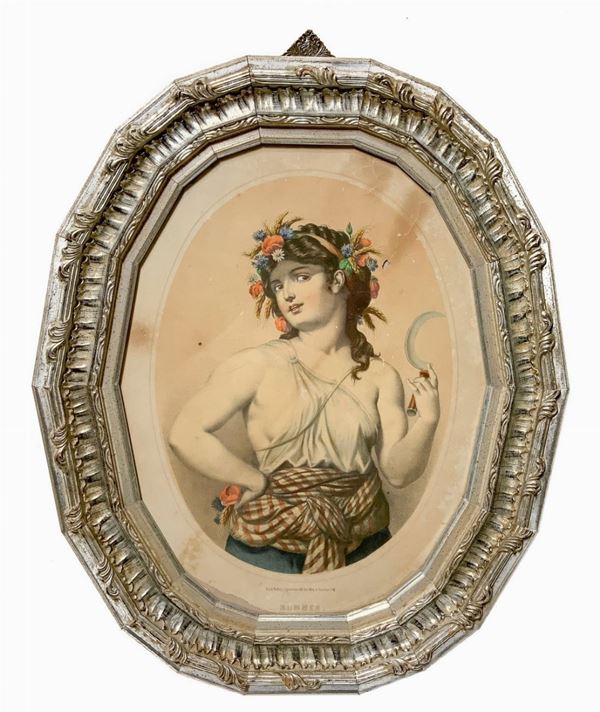 Antica stampa raffigurante allegoria dell'estate. Ed. Gust. May Frankfurt (1850-1870). Cornice in argento patinato con diciotto angoli ovalizzati
Cm ... 