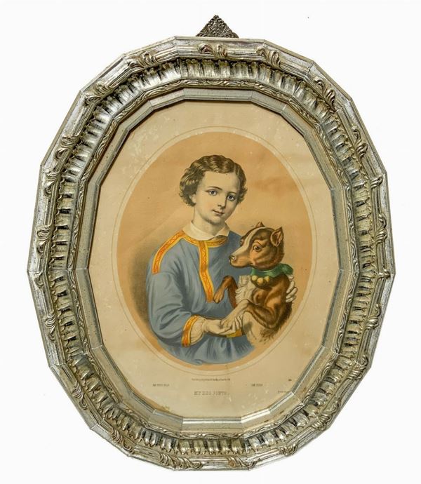 Antica stampa raffigurante giovane con cane. Ed. Gust. May Frankfurt (1850-1870). Cornice in argento patinato con diciotto angoli ovalizzati
Cm ... 