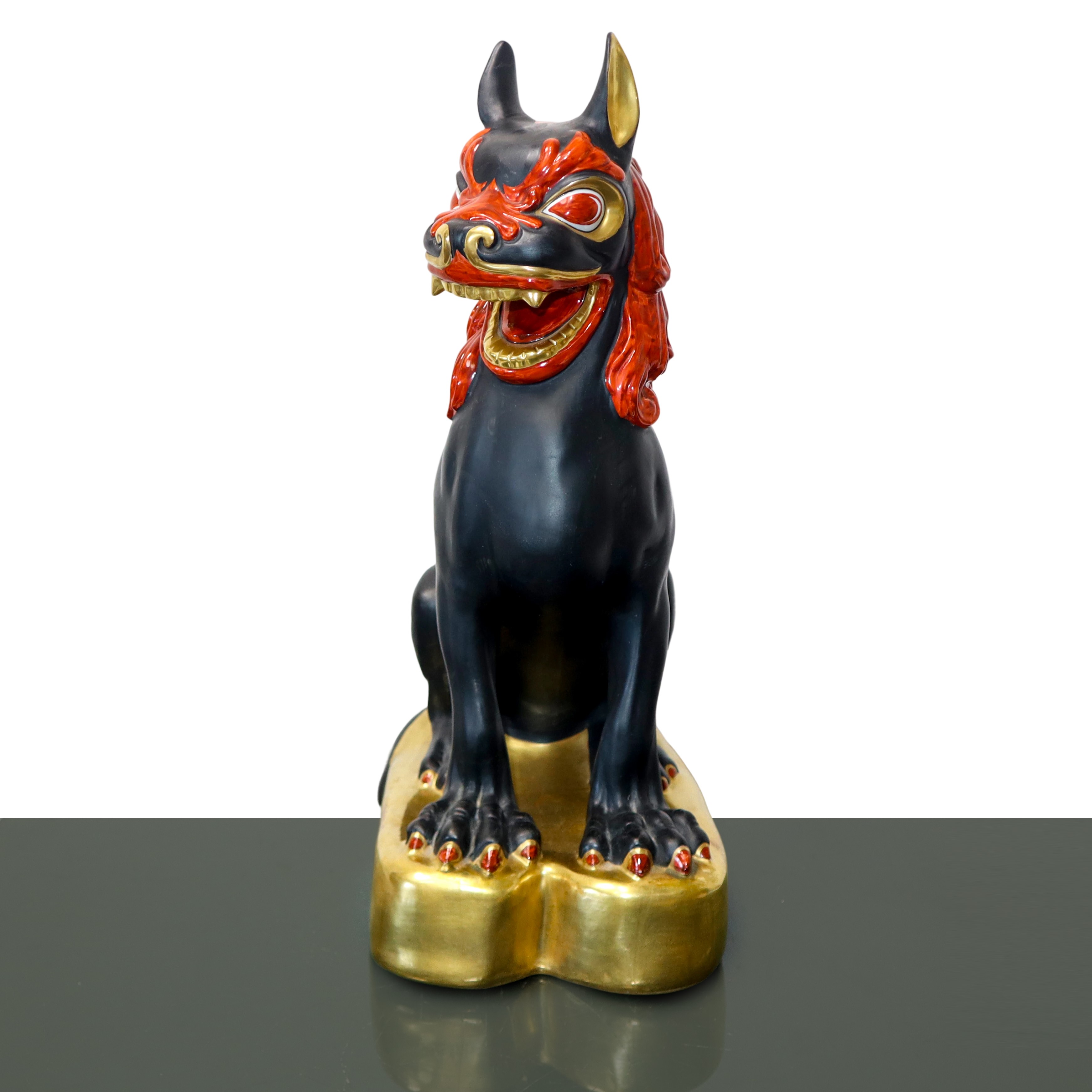 Manifattura Ceramiche Artistiche - Cane di Fo in ceramica nera con decorazioni dorate e rosse