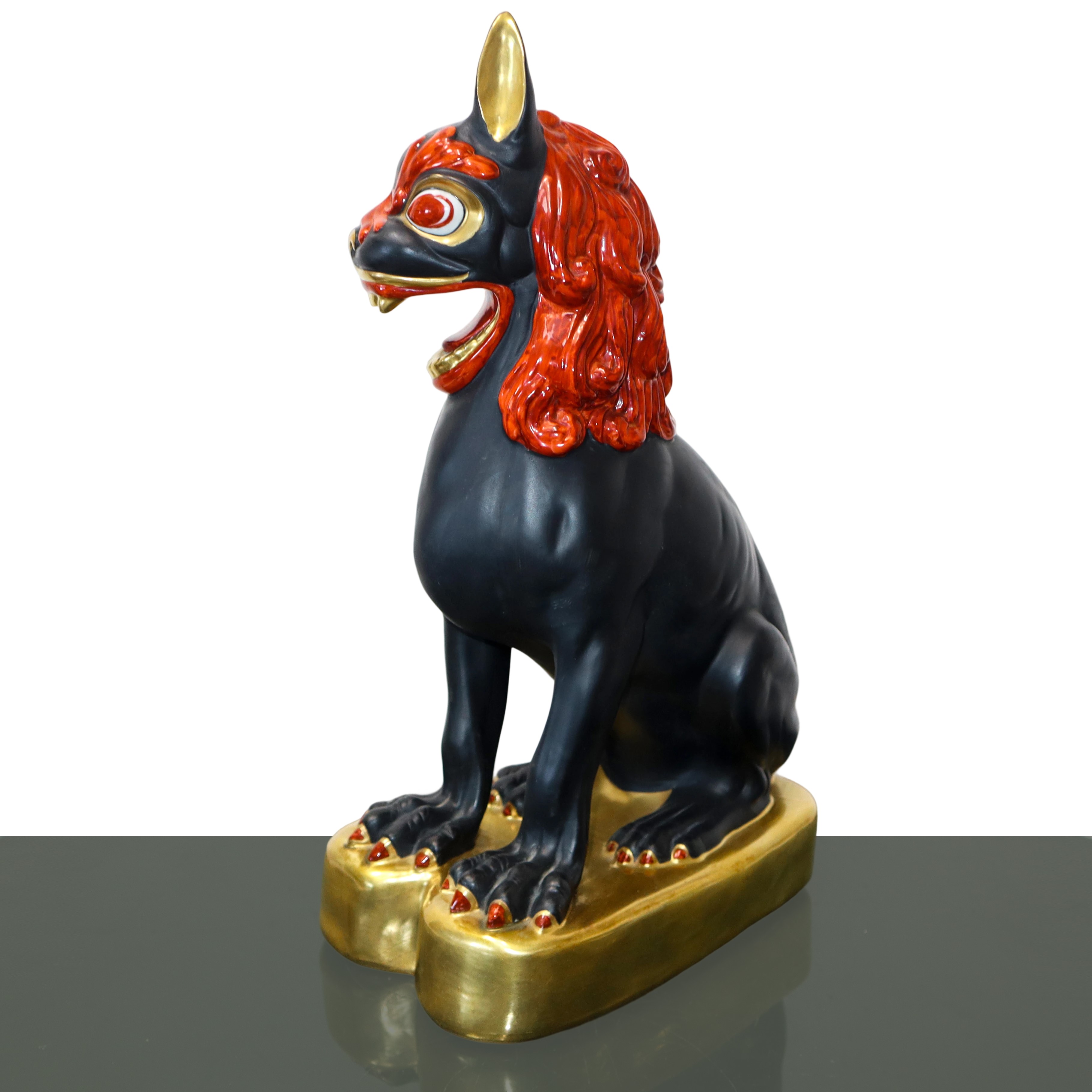 Manifattura Ceramiche Artistiche - Cane di Fo in ceramica nera con decorazioni dorate e rosse