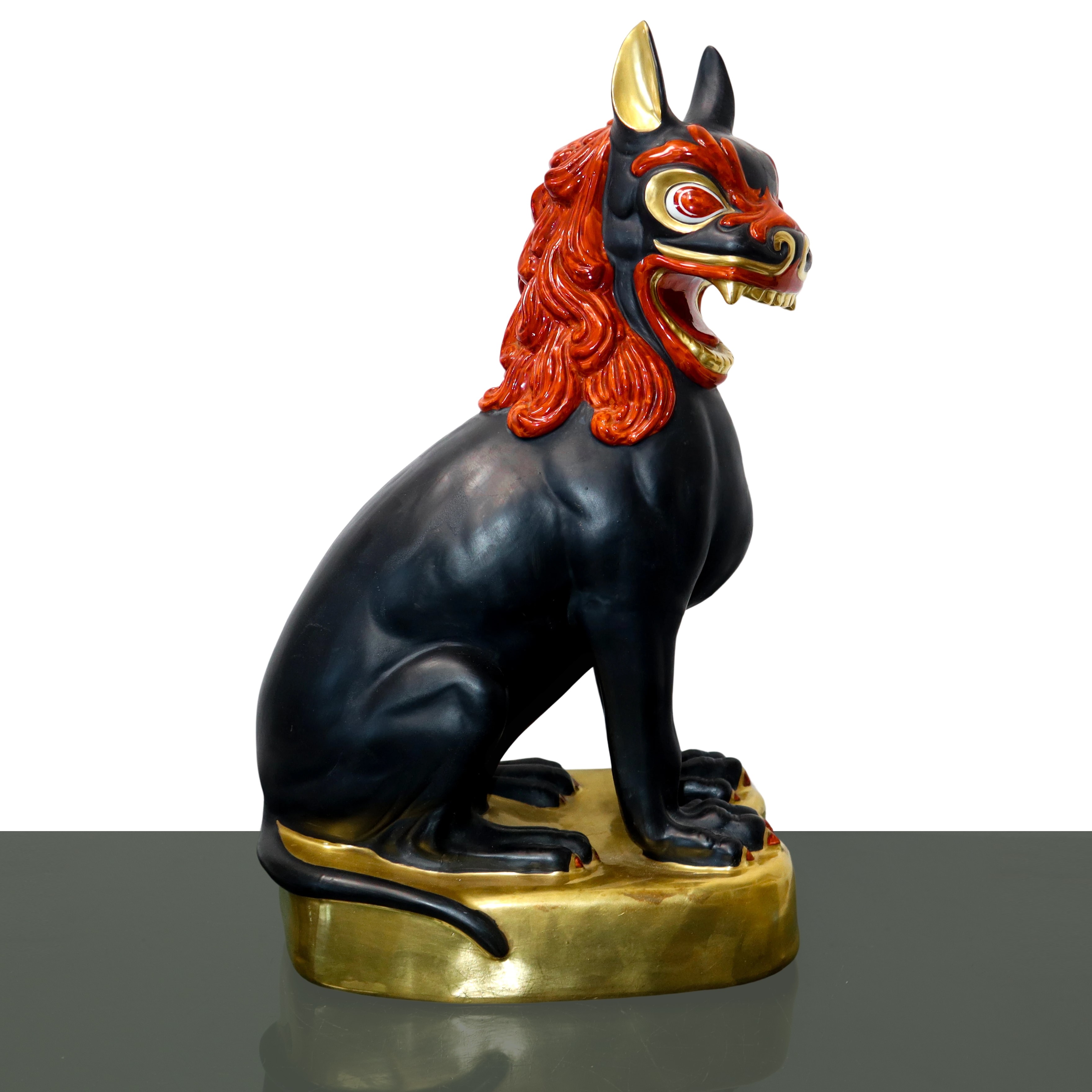 Manifattura Ceramiche Artistiche - Cane di Fo in ceramica nera con decorazioni dorate e rosse