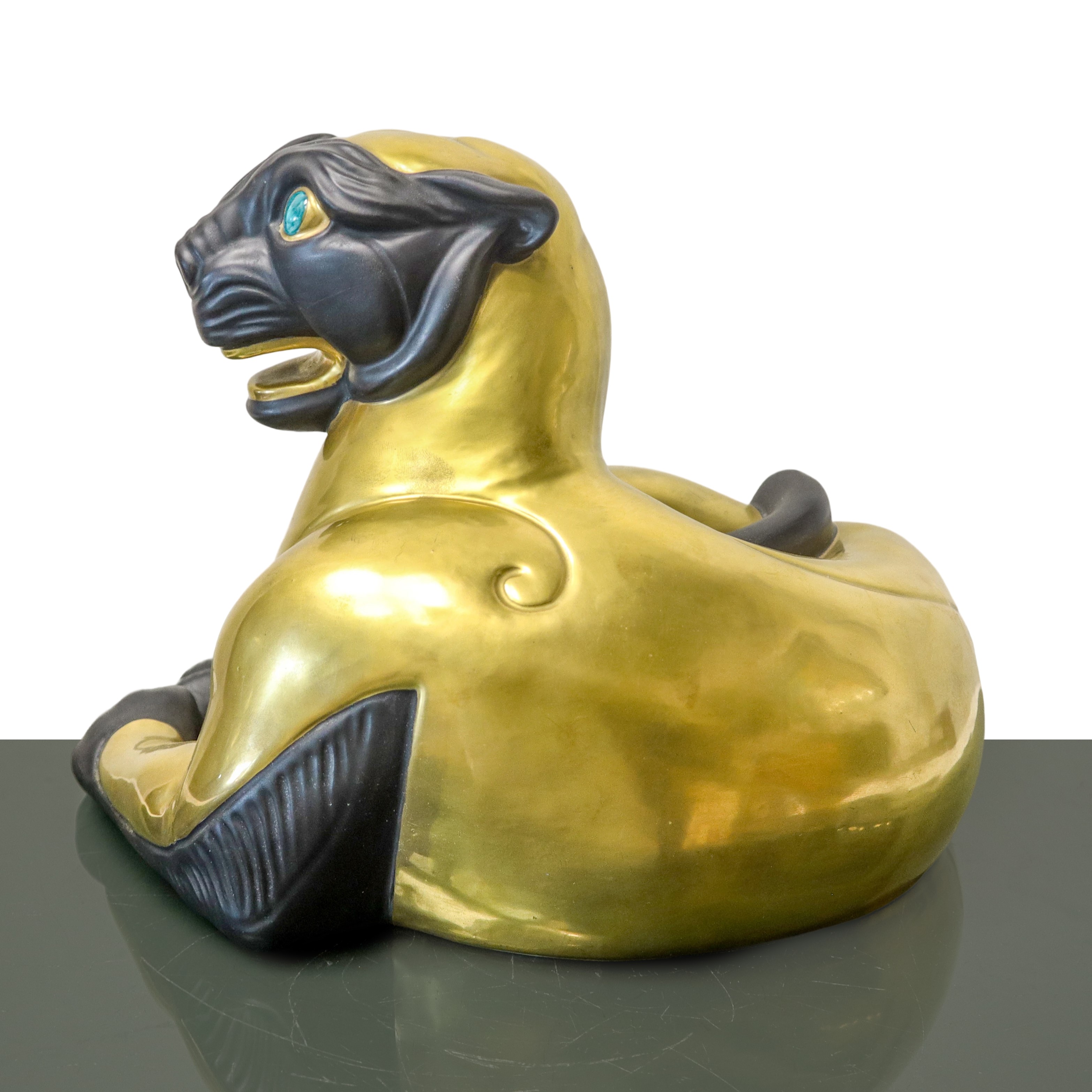 Romano Dalì per Manifattura Ceramiche Artistiche - Pantera in ceramica dorata, nera e occhi smalt...