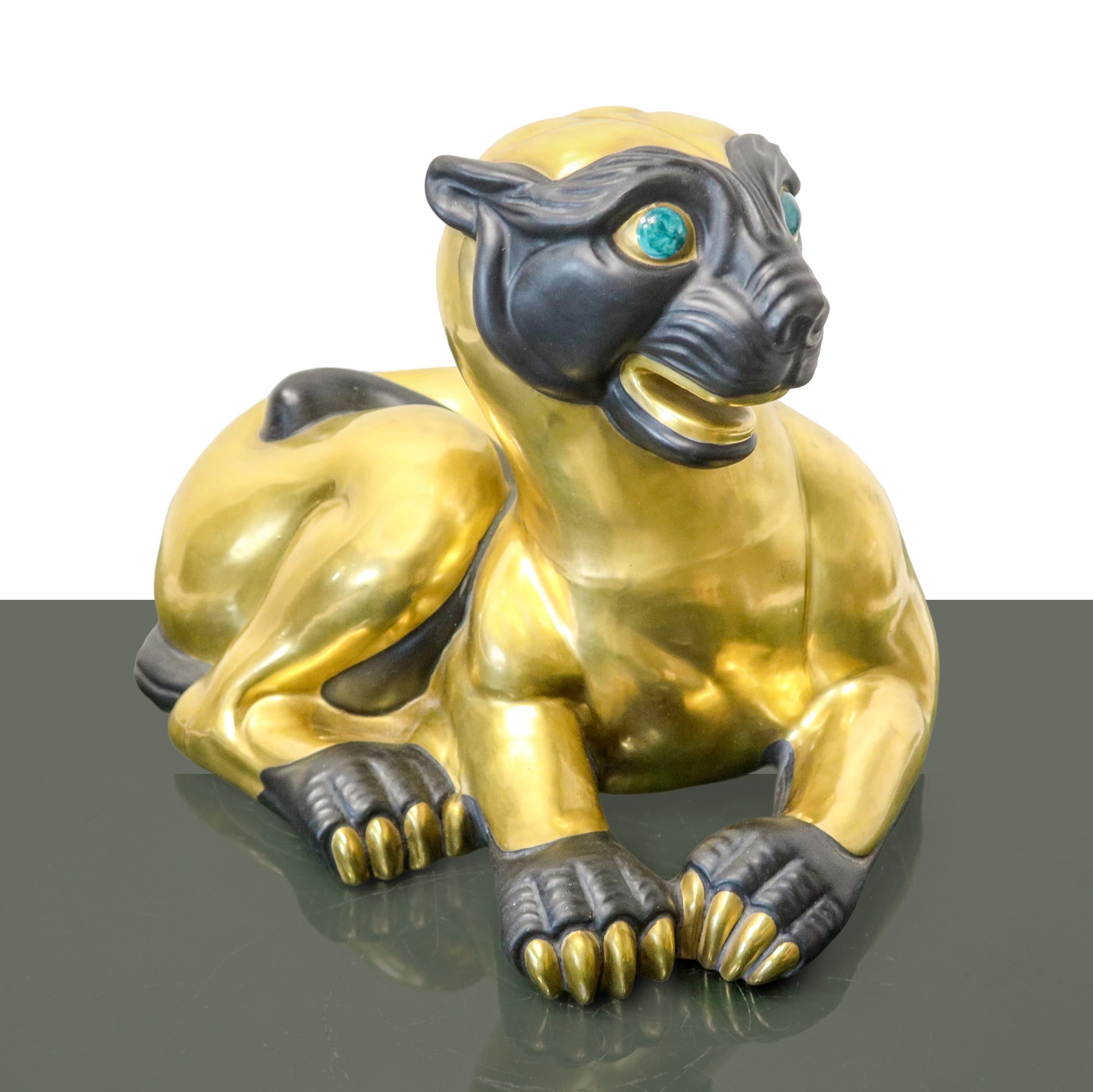Romano Dalì per Manifattura Ceramiche Artistiche - Pantera in ceramica dorata, nera e occhi smalt...