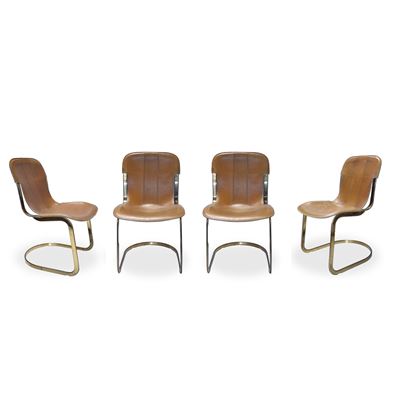 N°4 sedie in pelle color cognac con struttura in ottone dorato