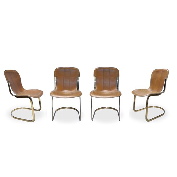 Willy Rizzo - N°4 Sedie in pelle color cognac con struttura in ottone dorato