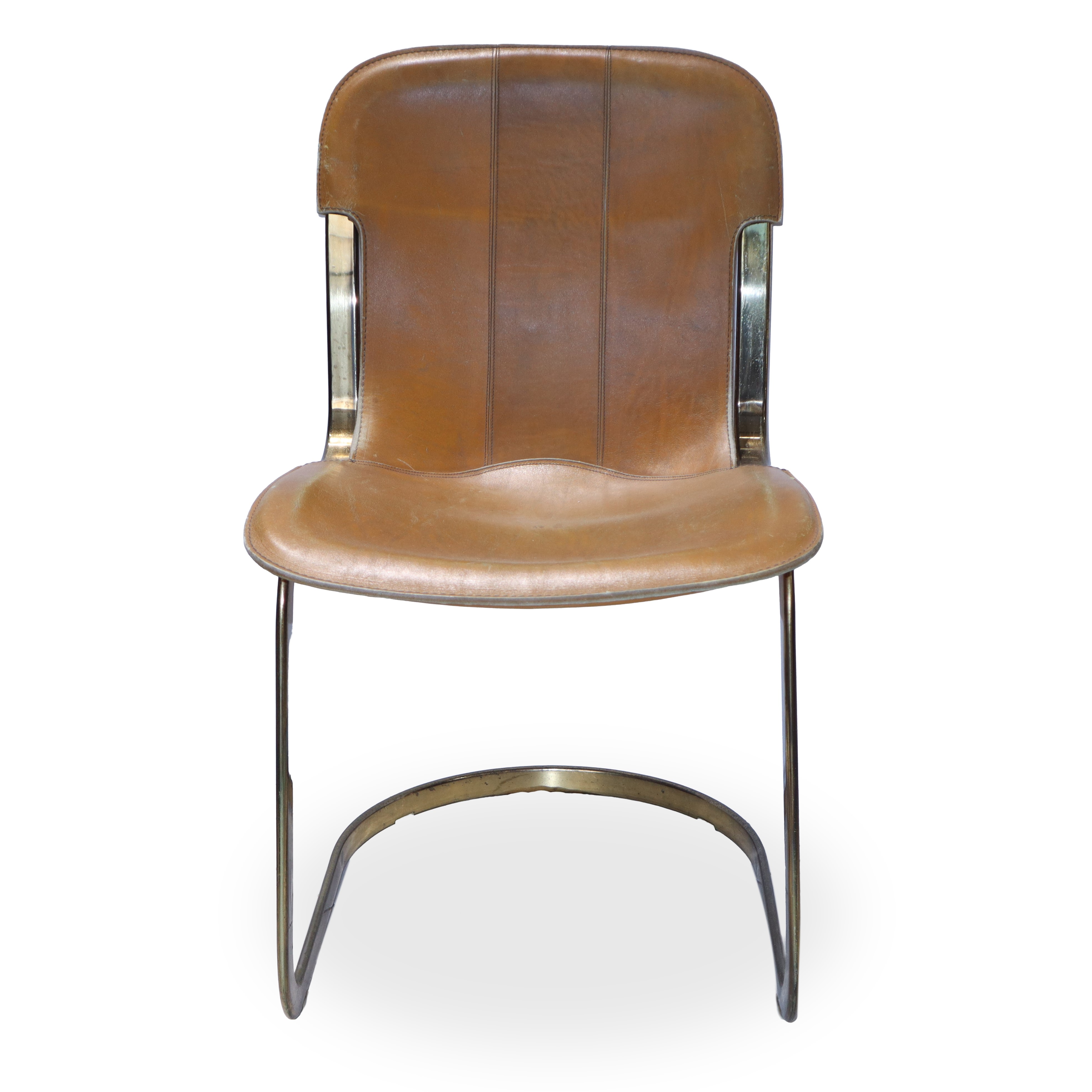 Willy Rizzo - N°4 sedie in pelle color cognac con struttura in ottone dorato