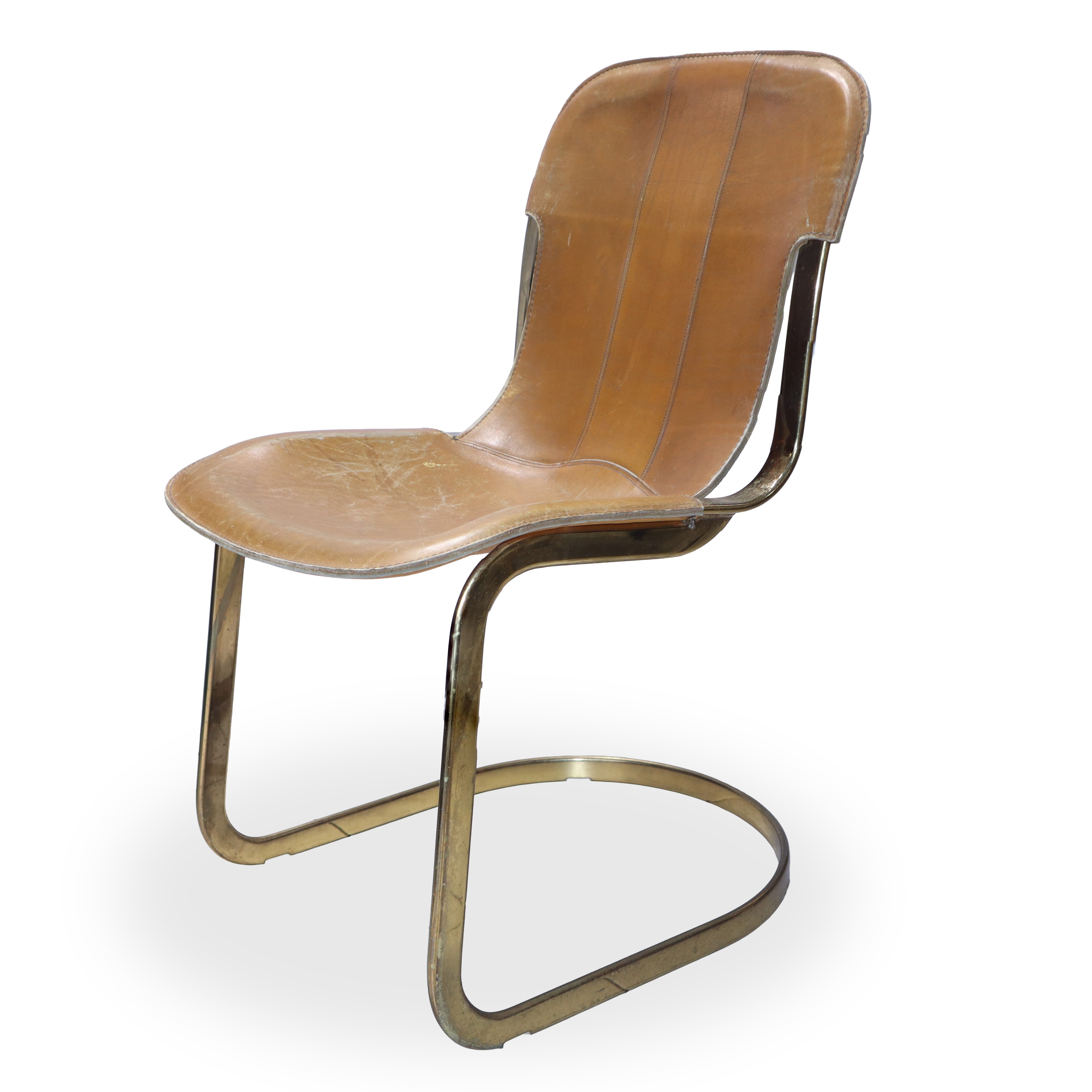Willy Rizzo - N°4 sedie in pelle color cognac con struttura in ottone dorato