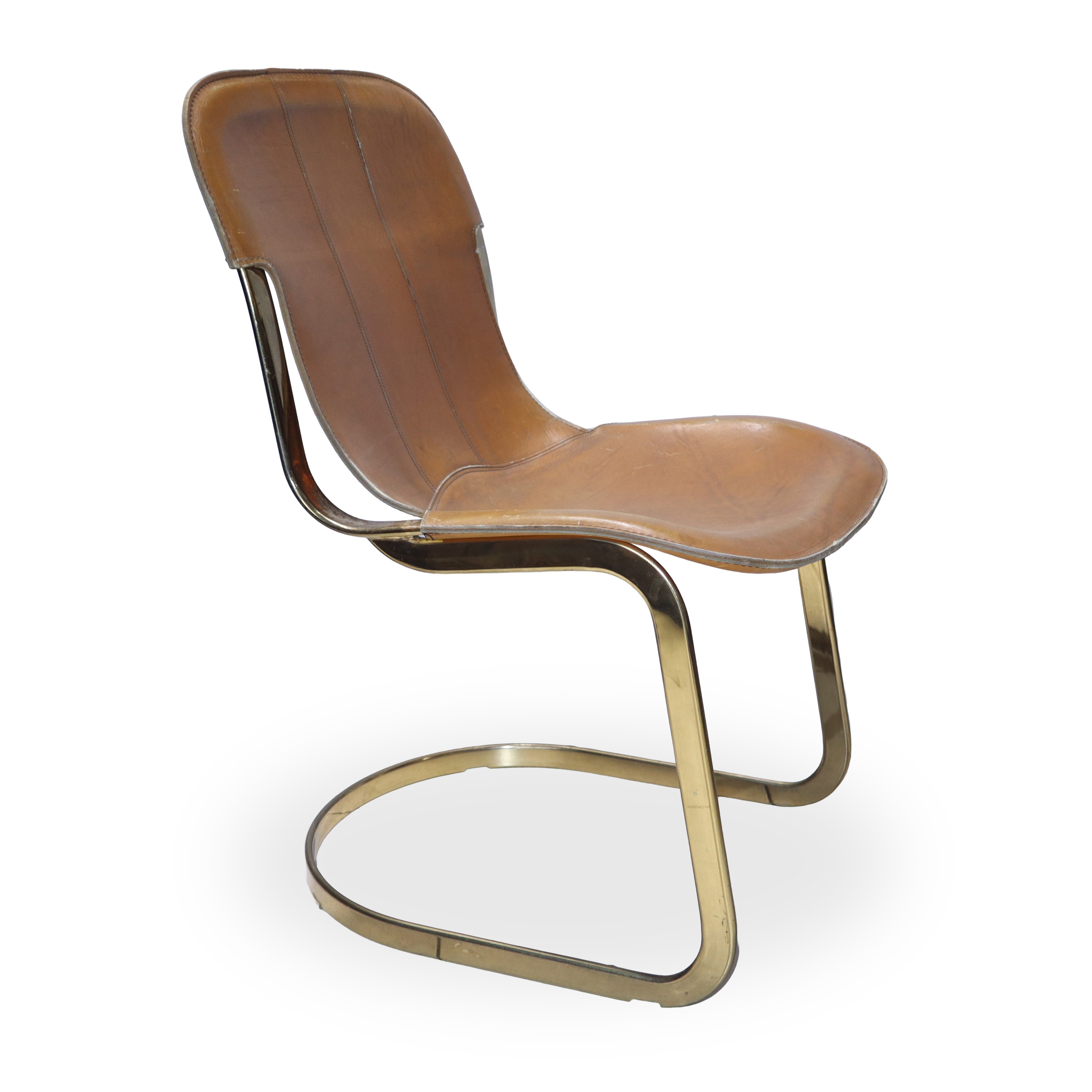Willy Rizzo - N°4 sedie in pelle color cognac con struttura in ottone dorato