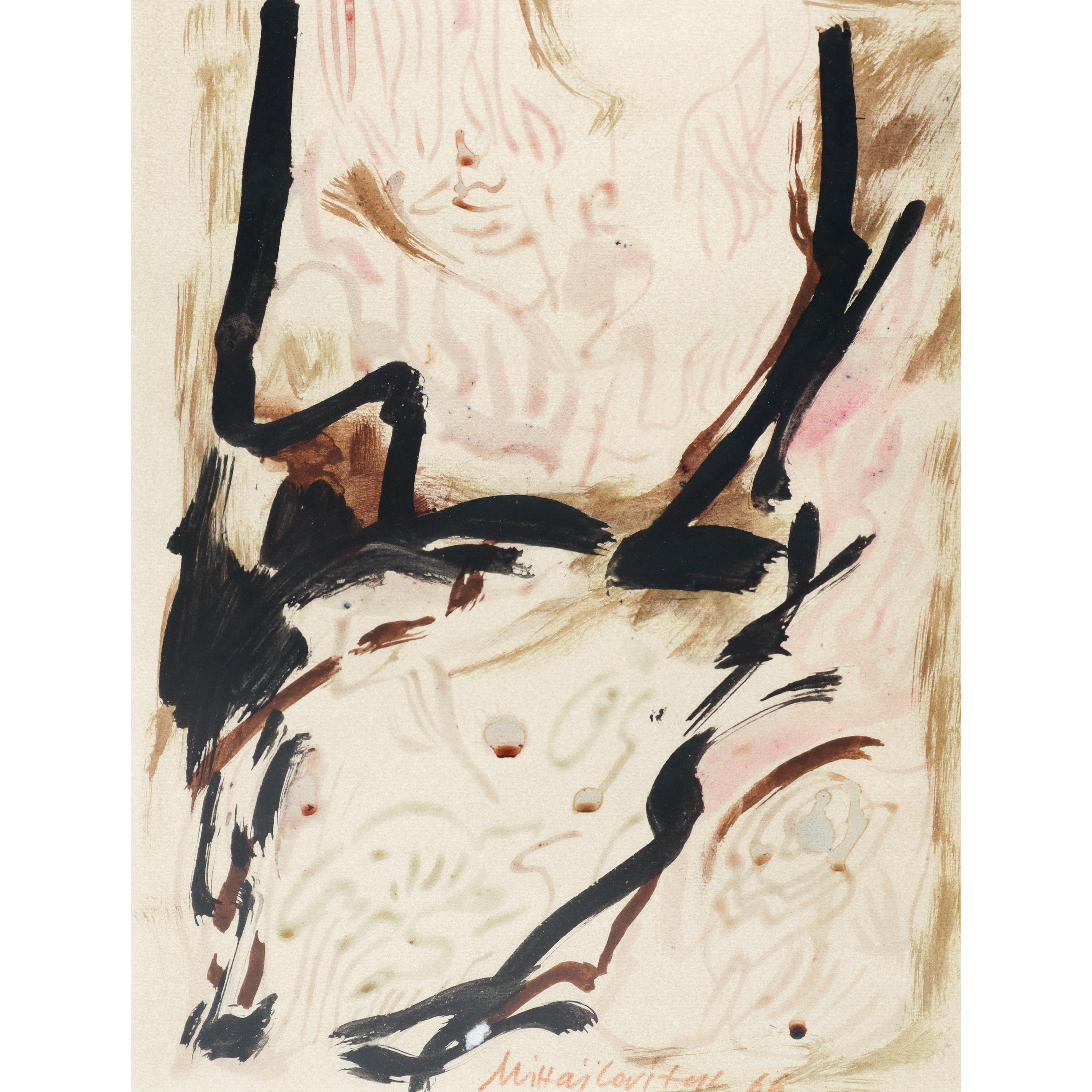 Milorad Bata Mihailović - Senza titolo: astratto segnico, gouache su carta (1966)