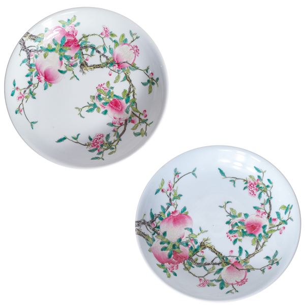 Pair of Chinese porcelain plates with flower and fruit decorations