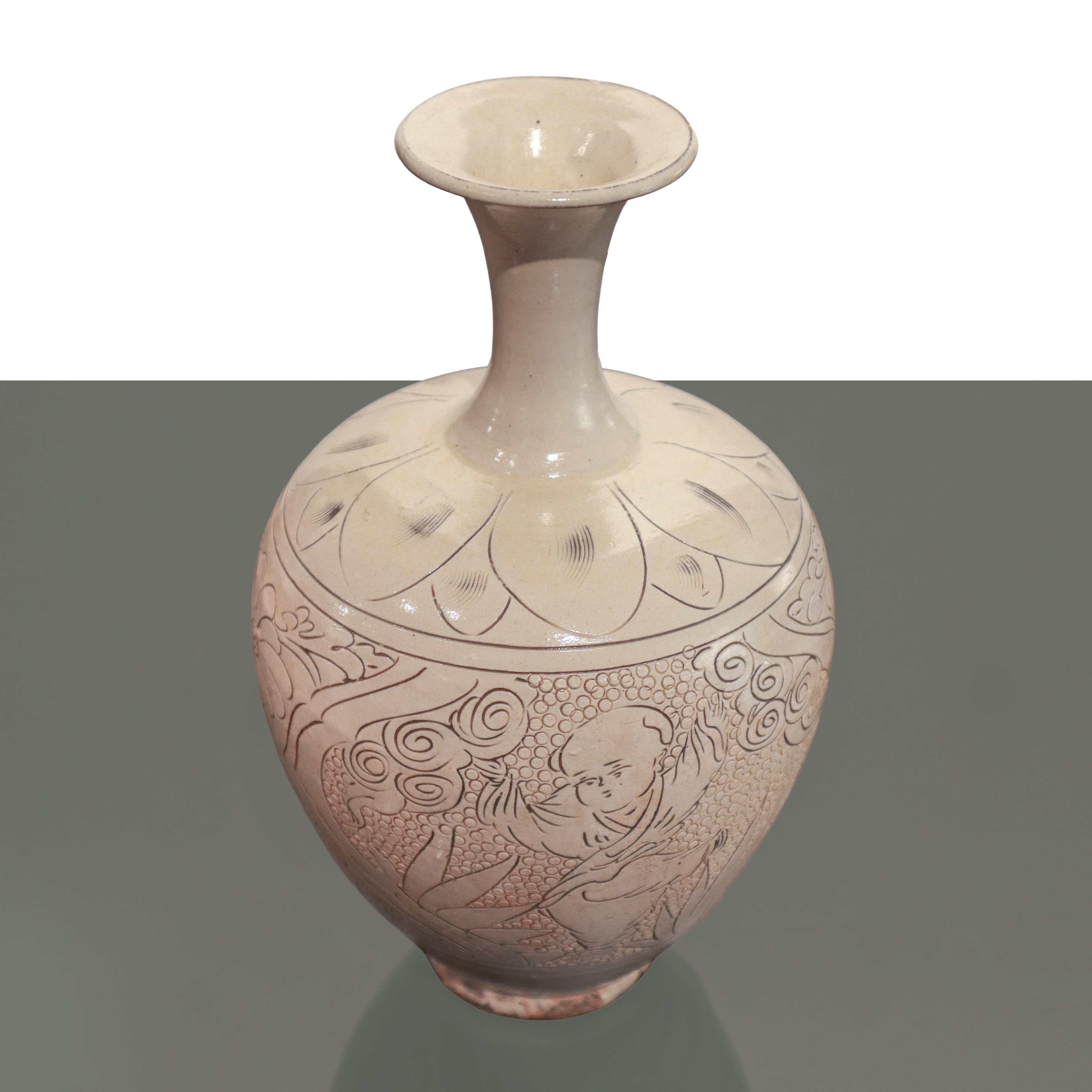 Vaso, porcellana cinese con smalto bianco e motivi decorativi incisi