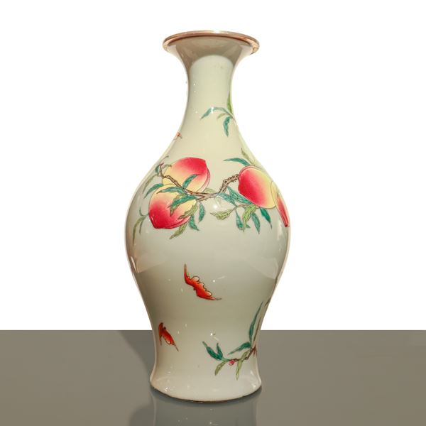 Chinese porcelain vase Rose Family with peach decoration repurposed as a lamp