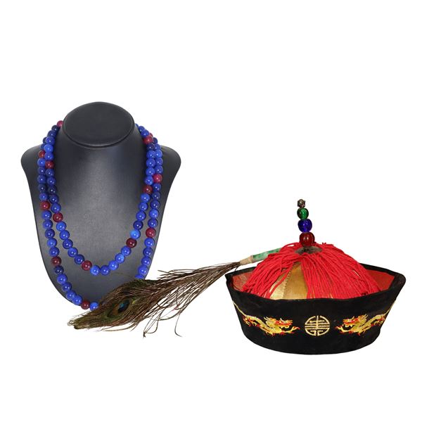 Antique Chinese official hat and necklace