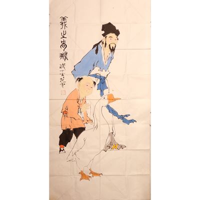 Pittura su lenzuolo, storia di un vecchio saggio con fanciullo, XX secolo