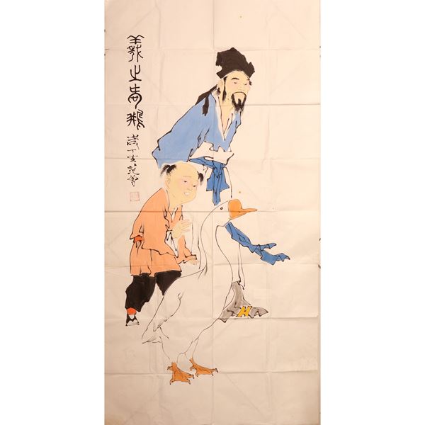 Painting on a sheet with the story of a wise old man with a child