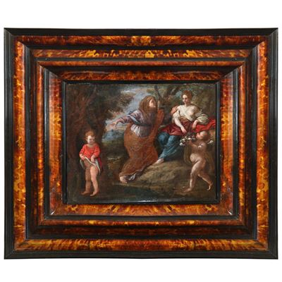 Scena allegorica con due putti e due donne, olio su rame