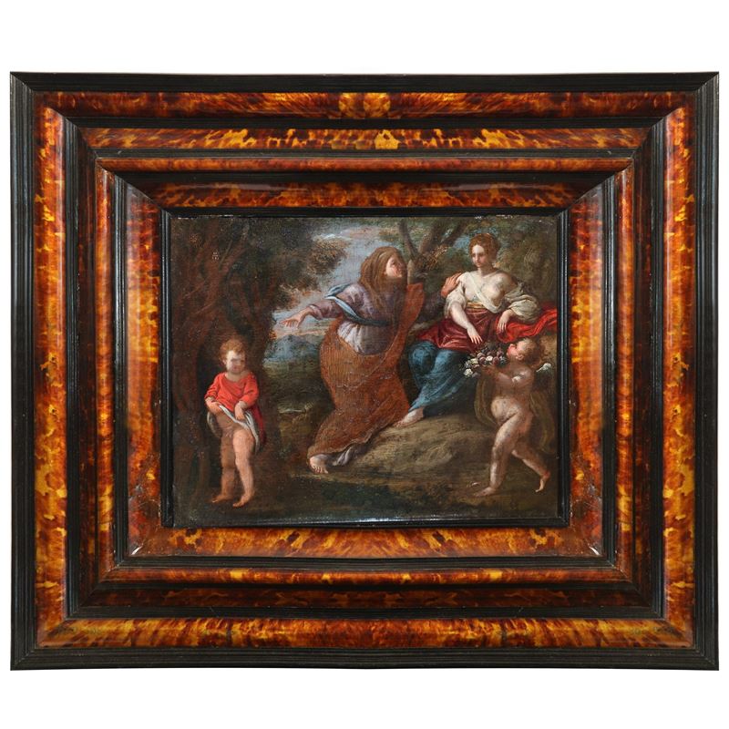 Scena allegorica con due putti e due donne, olio su rame