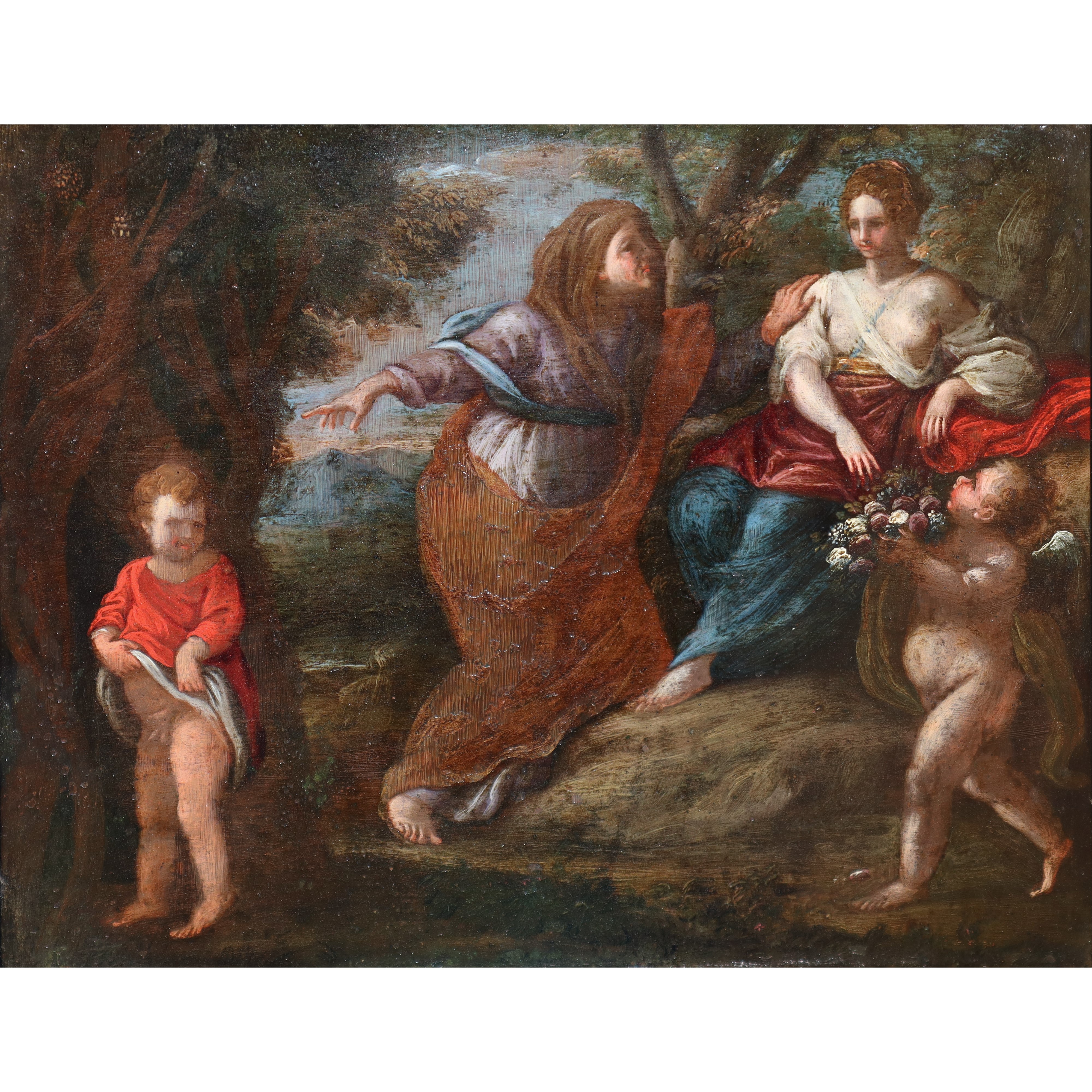 Scena allegorica con due putti e due donne, olio su rame