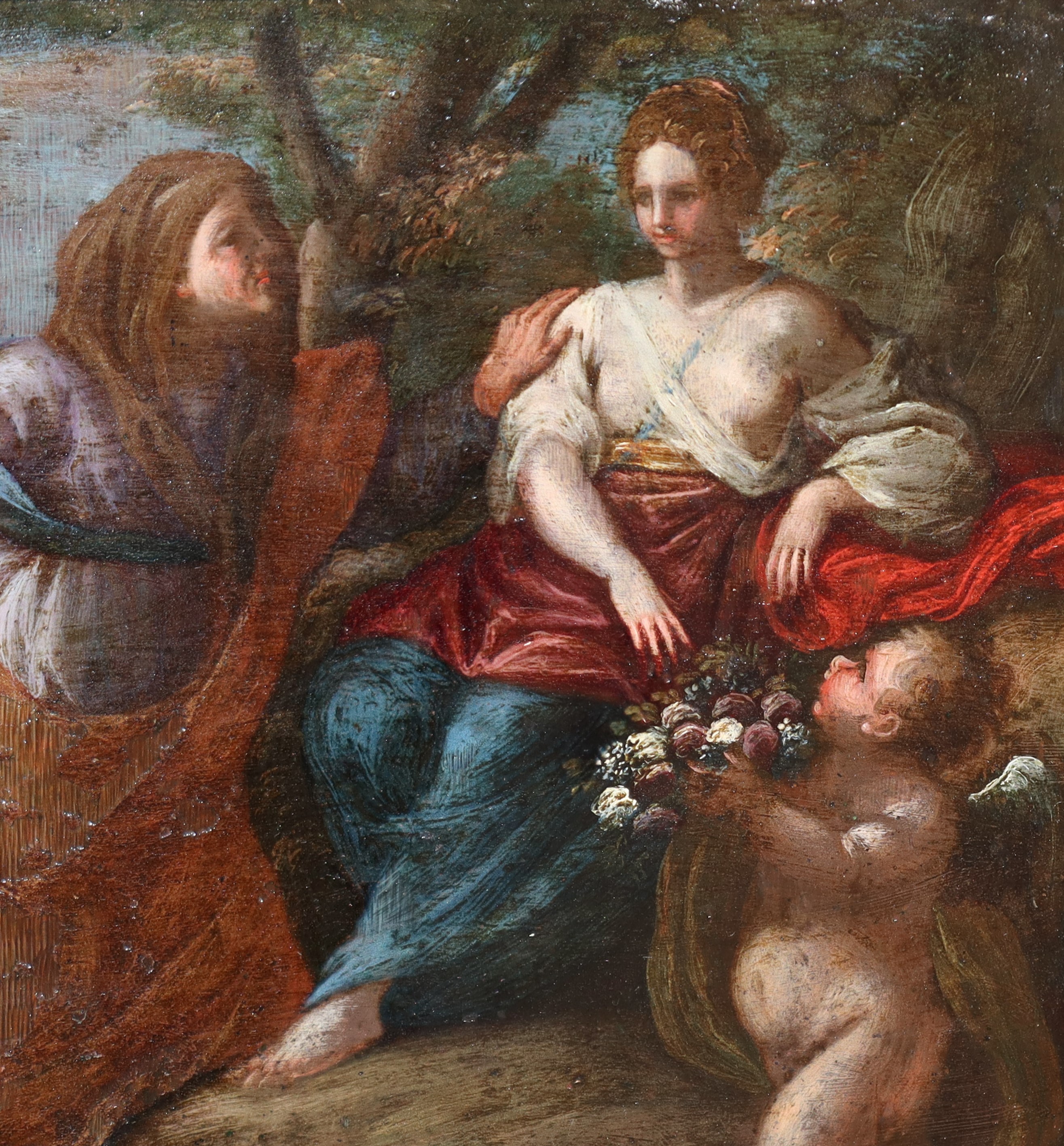 Scena allegorica con due putti e due donne, olio su rame