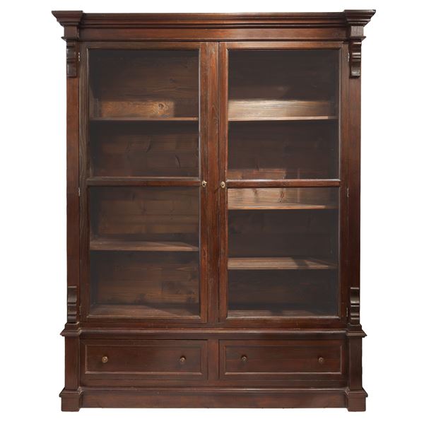 Oak display cabinet with two glass doors and two drawers in the lower part