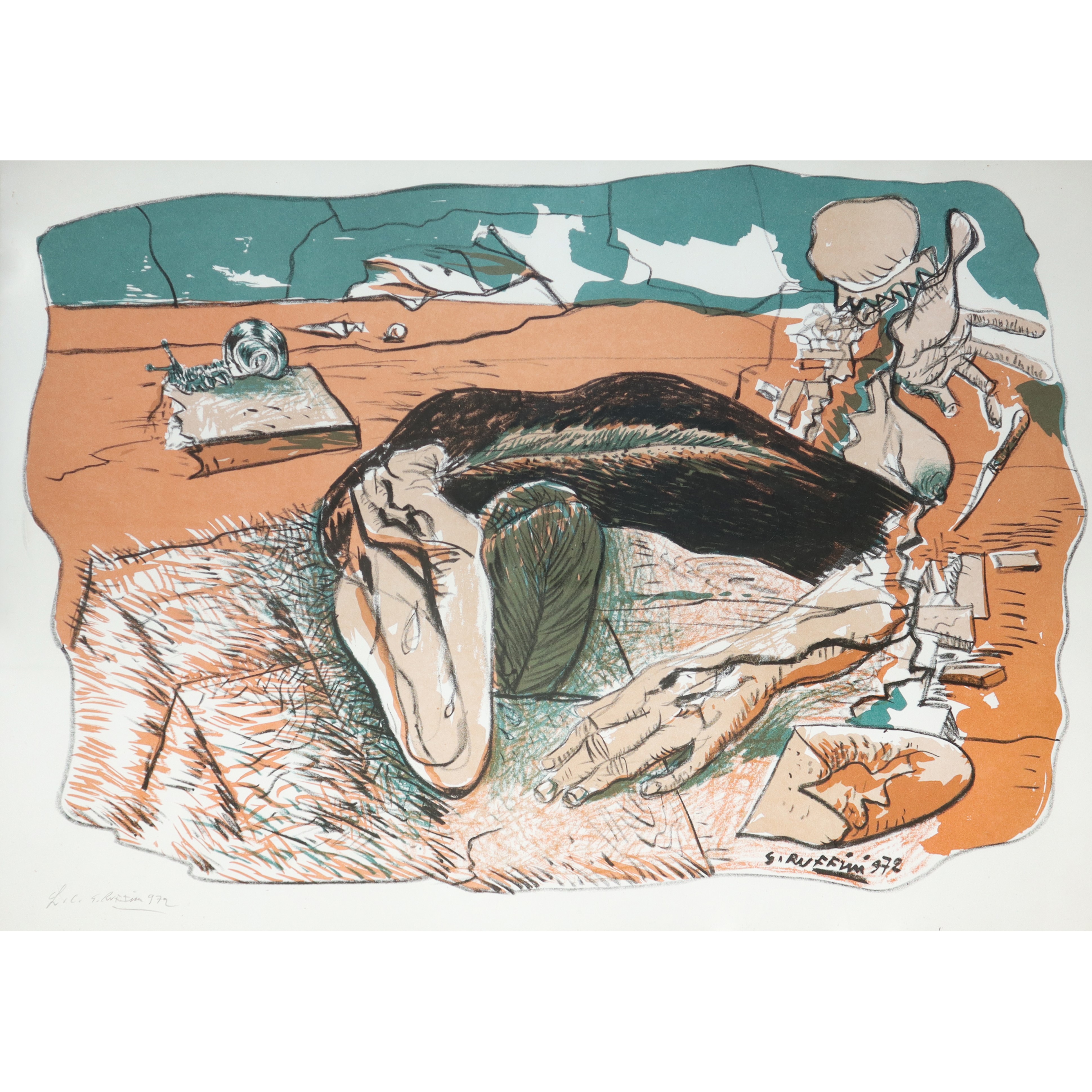 Giulio Ruffini - Uomo e lumaca, litografia, 1972