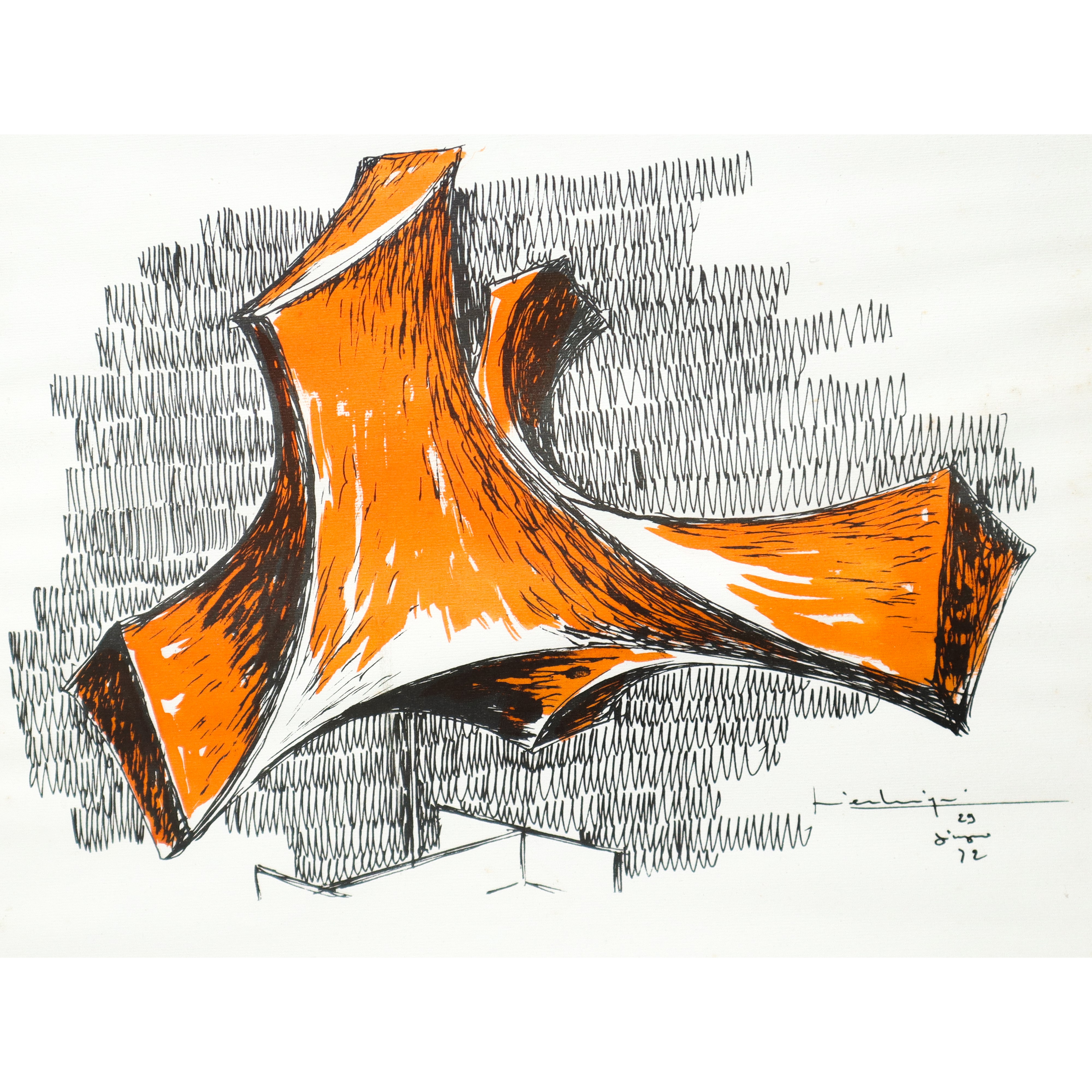 Senza titolo, Astratto arancione, stampa litografica colorata a mano (1972)