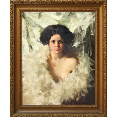 Giovane donna fra le piume, olio su tela (prima metà XX secolo)