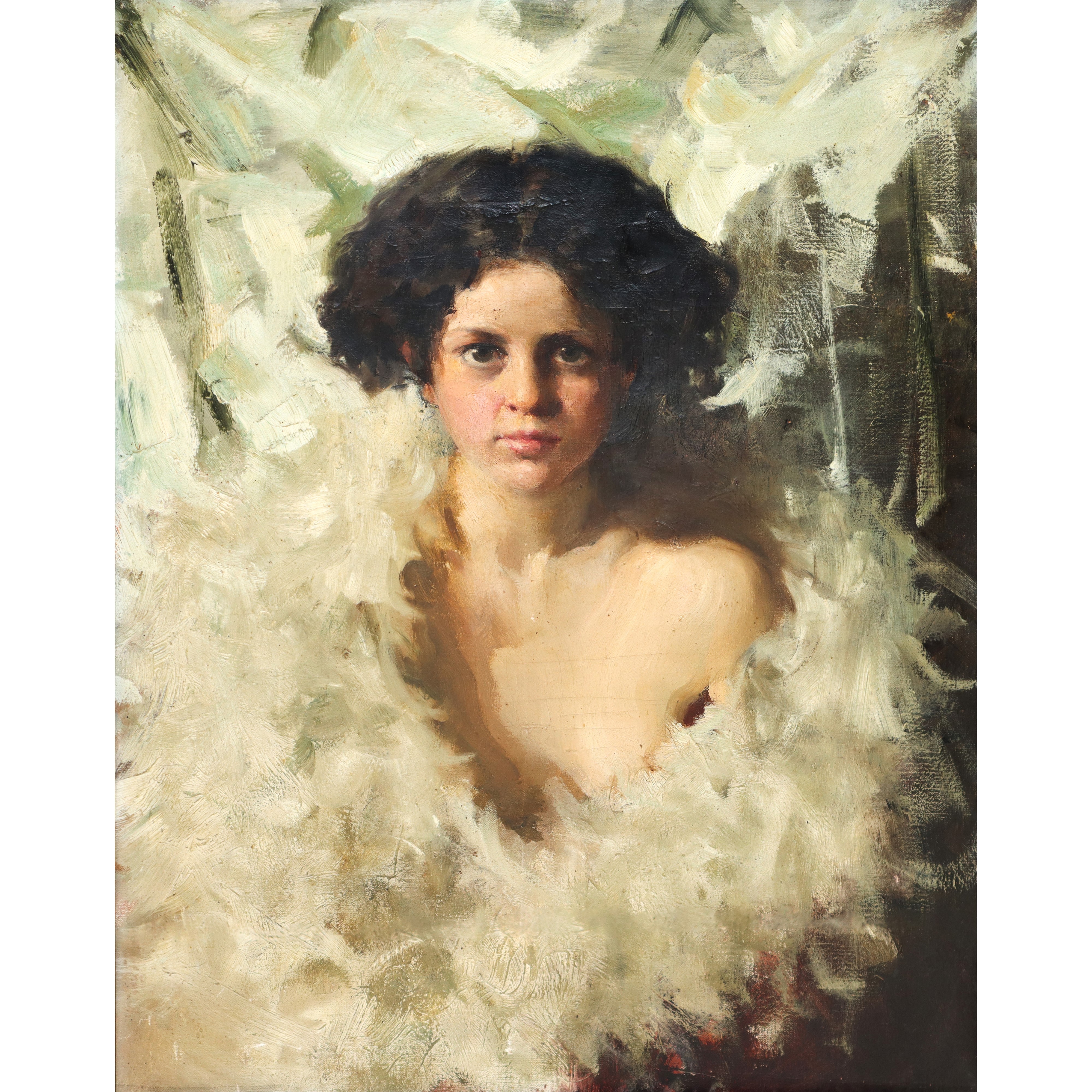 Giovane donna fra le piume, olio su tela (prima metà XX secolo)