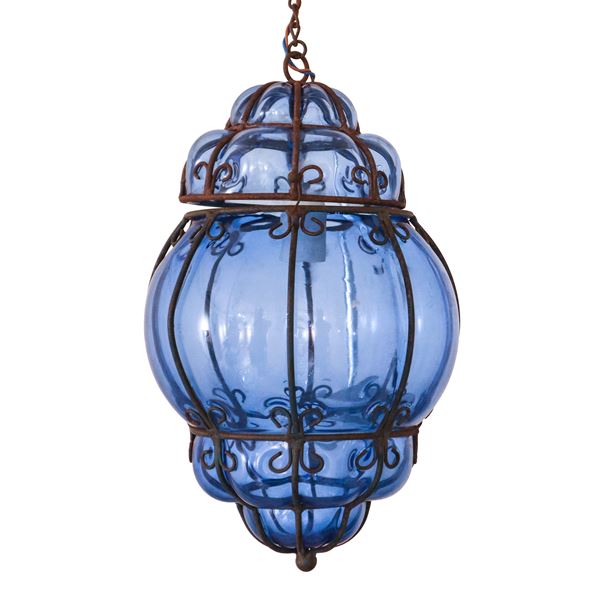Blue Murano glass outdoor lantern with metal details