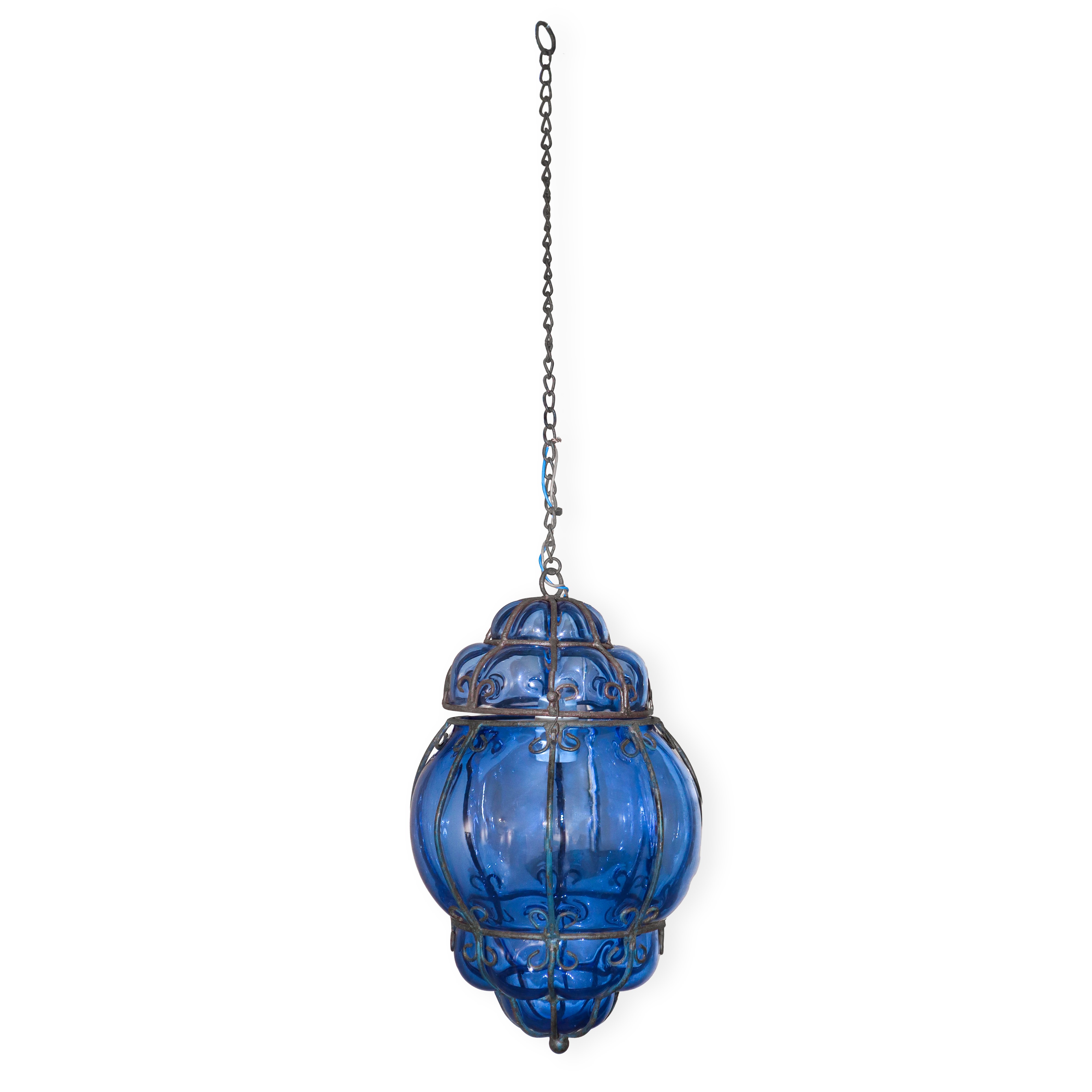 Lanterna da esterno, vetro di Murano blu con dettagli in metallo