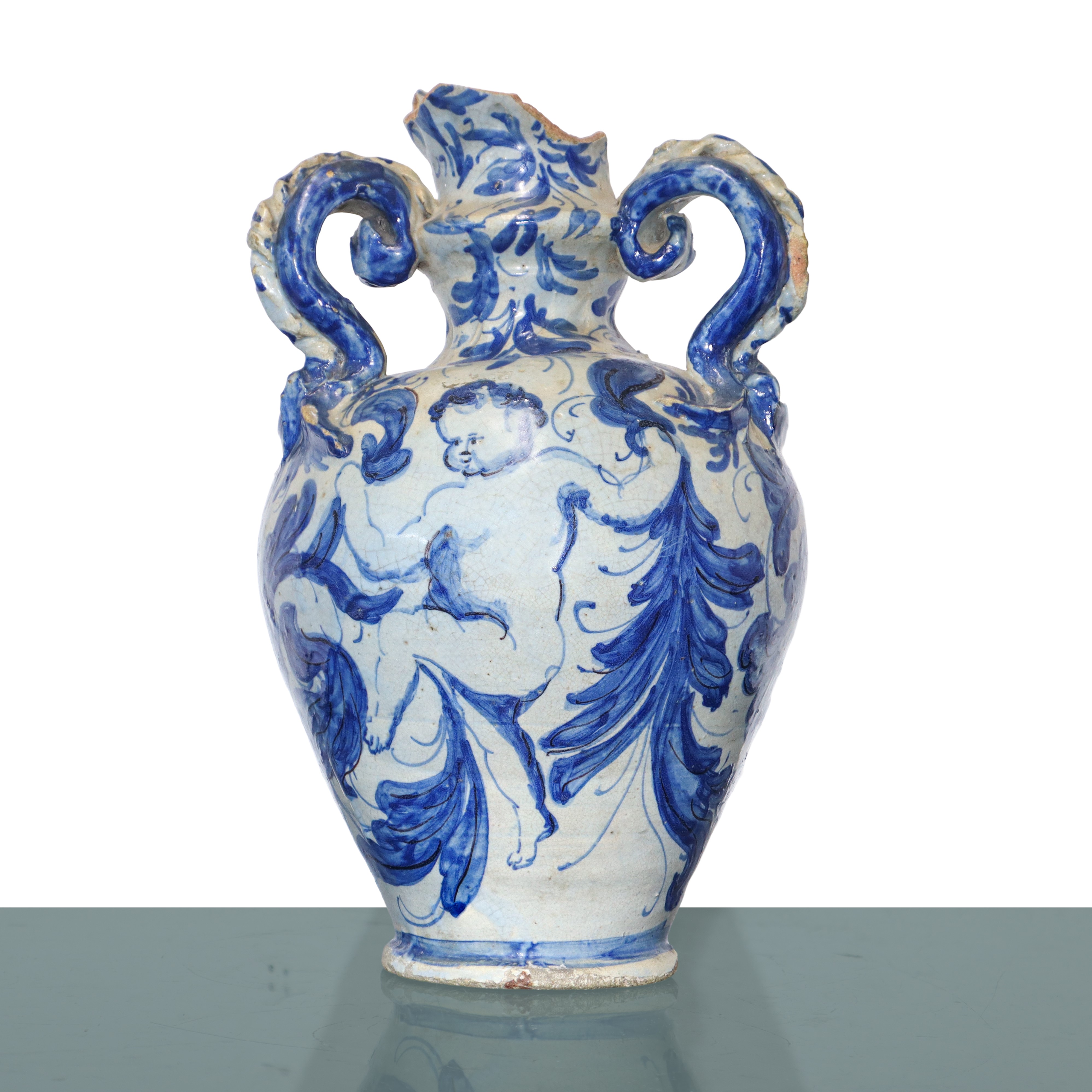 Anfora con tre manici, maiolica di Savona smaltata, decorazioni fitomorfe e vegetali blu su fondo...