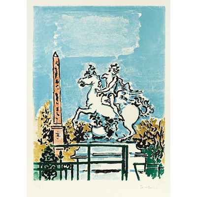 La statua del parco, litografia colorata a mano