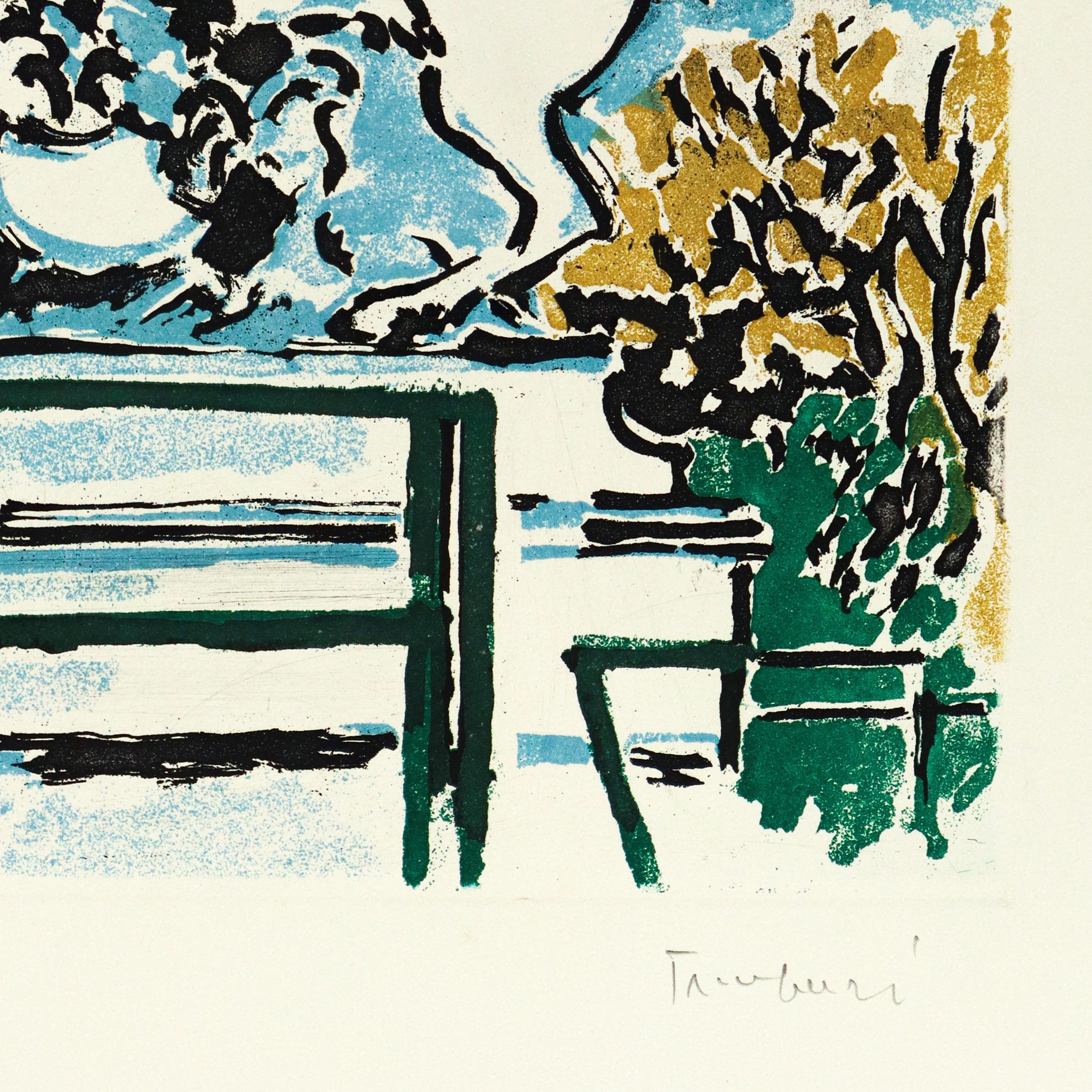 Orfeo Tamburi - La statua del parco, litografia colorata a mano