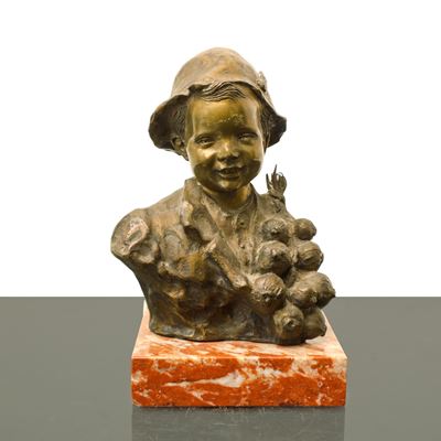 Venditore di Cipolle, Piccola Scultura in Bronzo su Base in Marmo