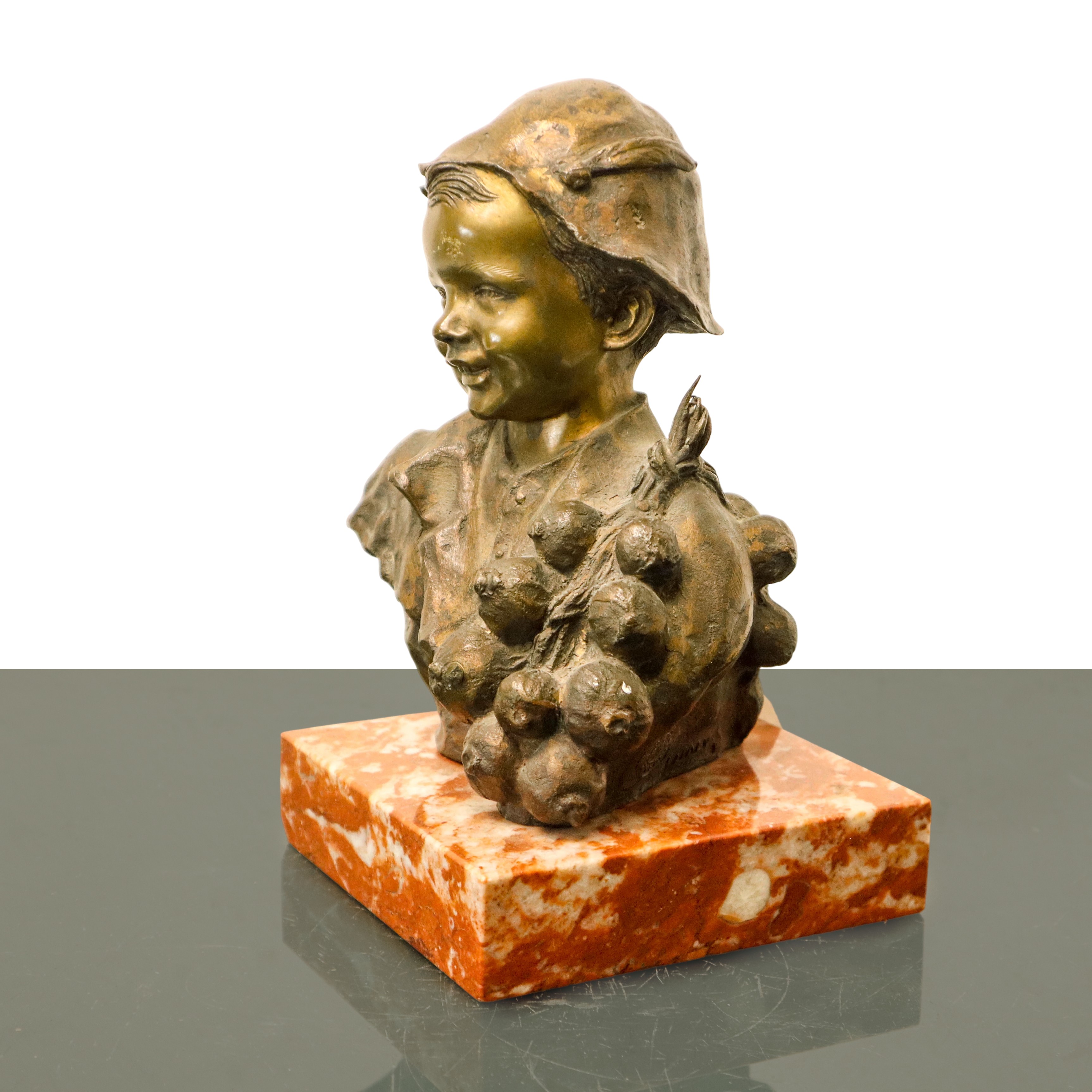 Giovanni De Martino - Venditore di Cipolle, Piccola Scultura in Bronzo su Base in Marmo