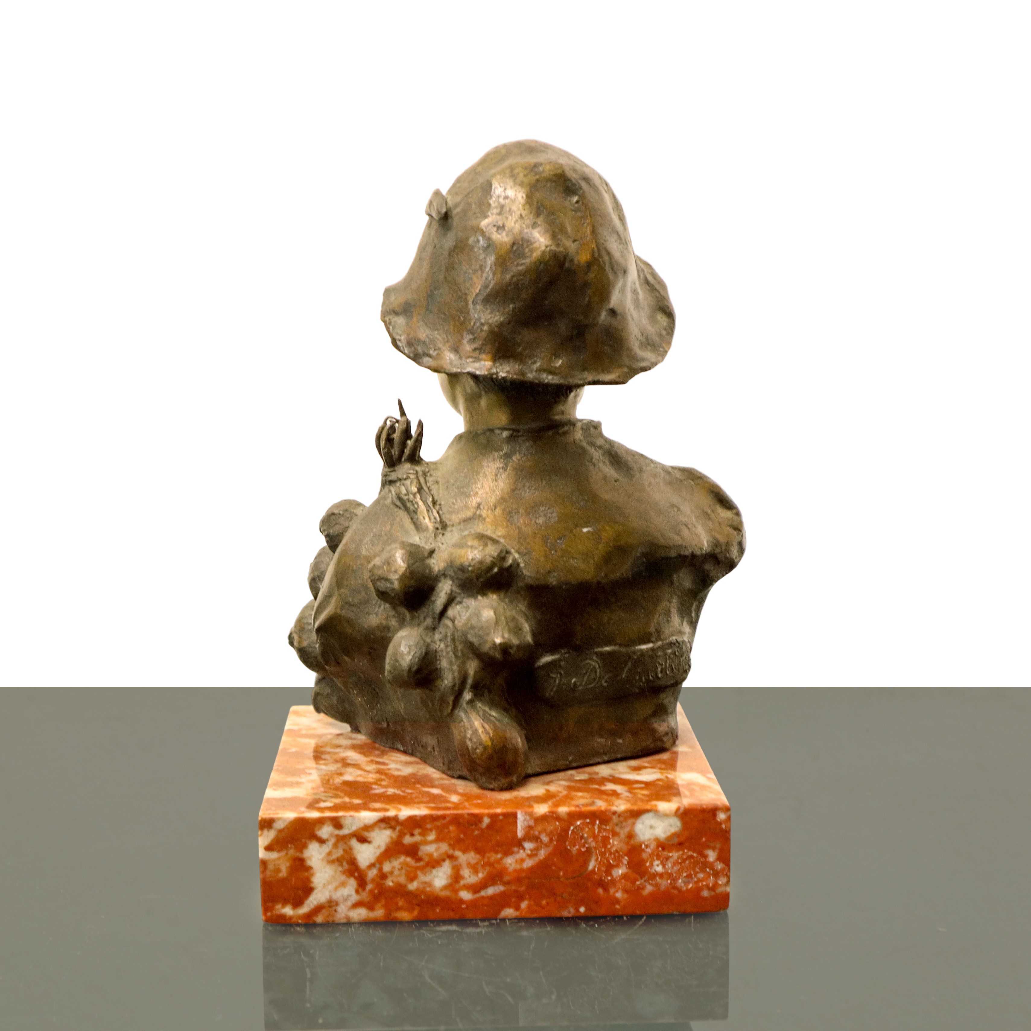 Giovanni De Martino - Venditore di Cipolle, Piccola Scultura in Bronzo su Base in Marmo