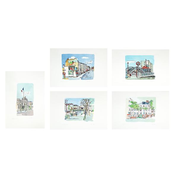 Orfeo Tamburi - No. 5 Hand-painted watercolour etchings depicting Paris, artist's portfolio