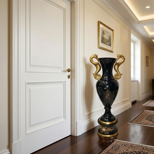 Polychrome majolica vase on a black enamelled base with gold decorations