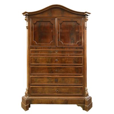 Chiffonier in Legno di Piuma di Mogano con 5 Cassetti e Due Sportelli nella Parte Superiore